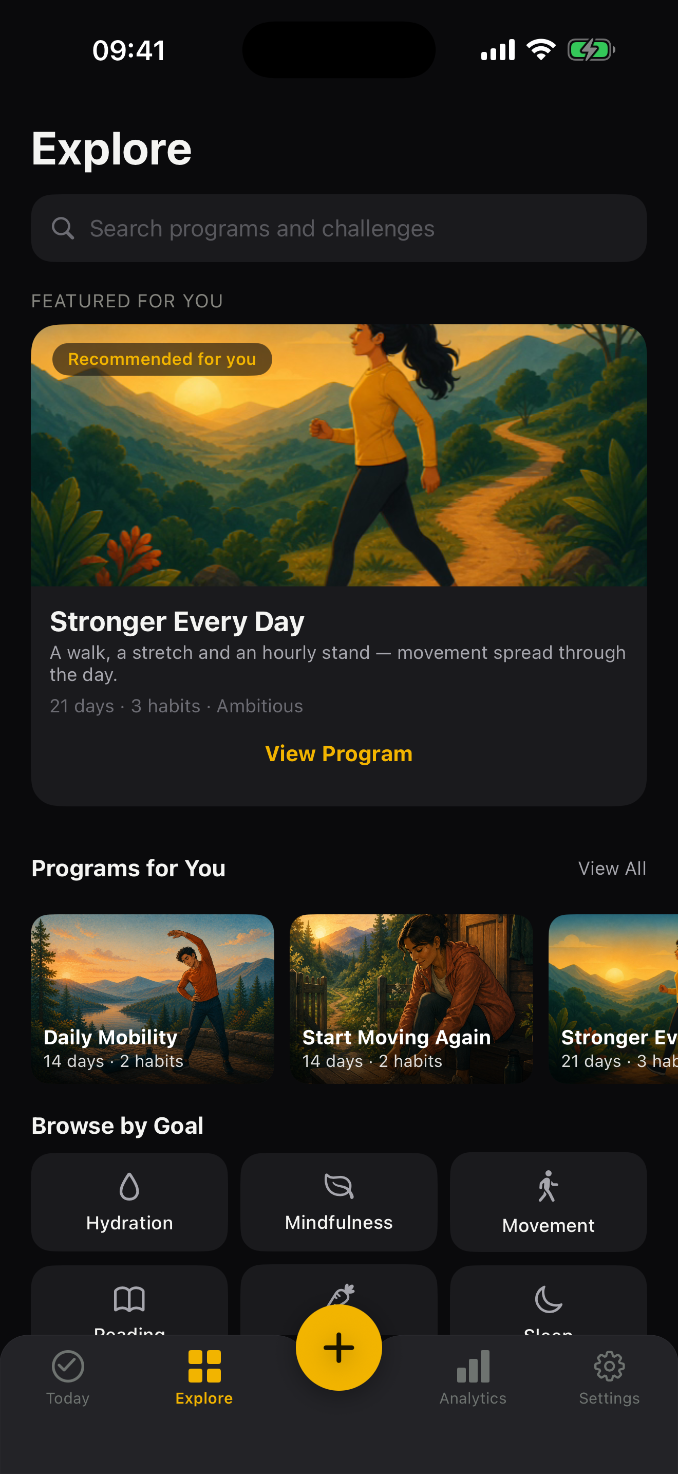 TinyCue's Explore tab, showing a featured multi-day program made up of a walk, a stretch, and an hourly stand habit.