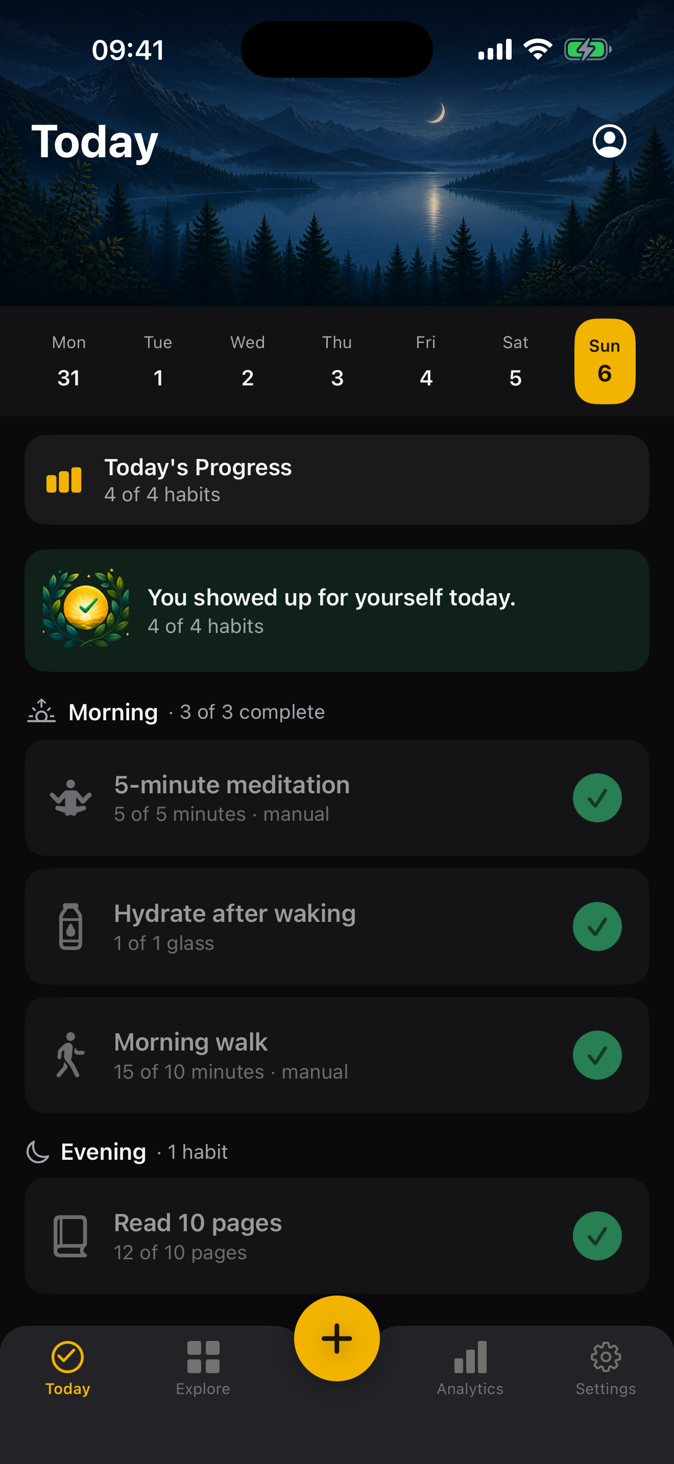 TinyCue's Today screen, showing four habits scheduled for the day, three already checked off with a green mark.